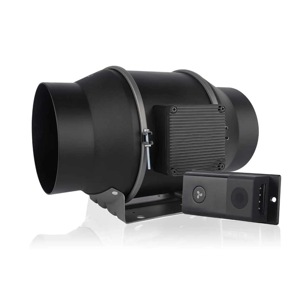 Longwell four-inch inline duct fan at the connection interface where you seal ducts to equipment