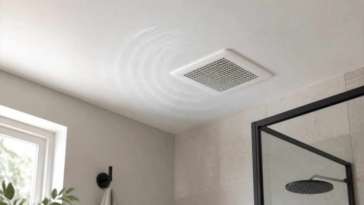 Ceiling exhaust grille with subtle illustrative sound ripples in a dry residential bathroom