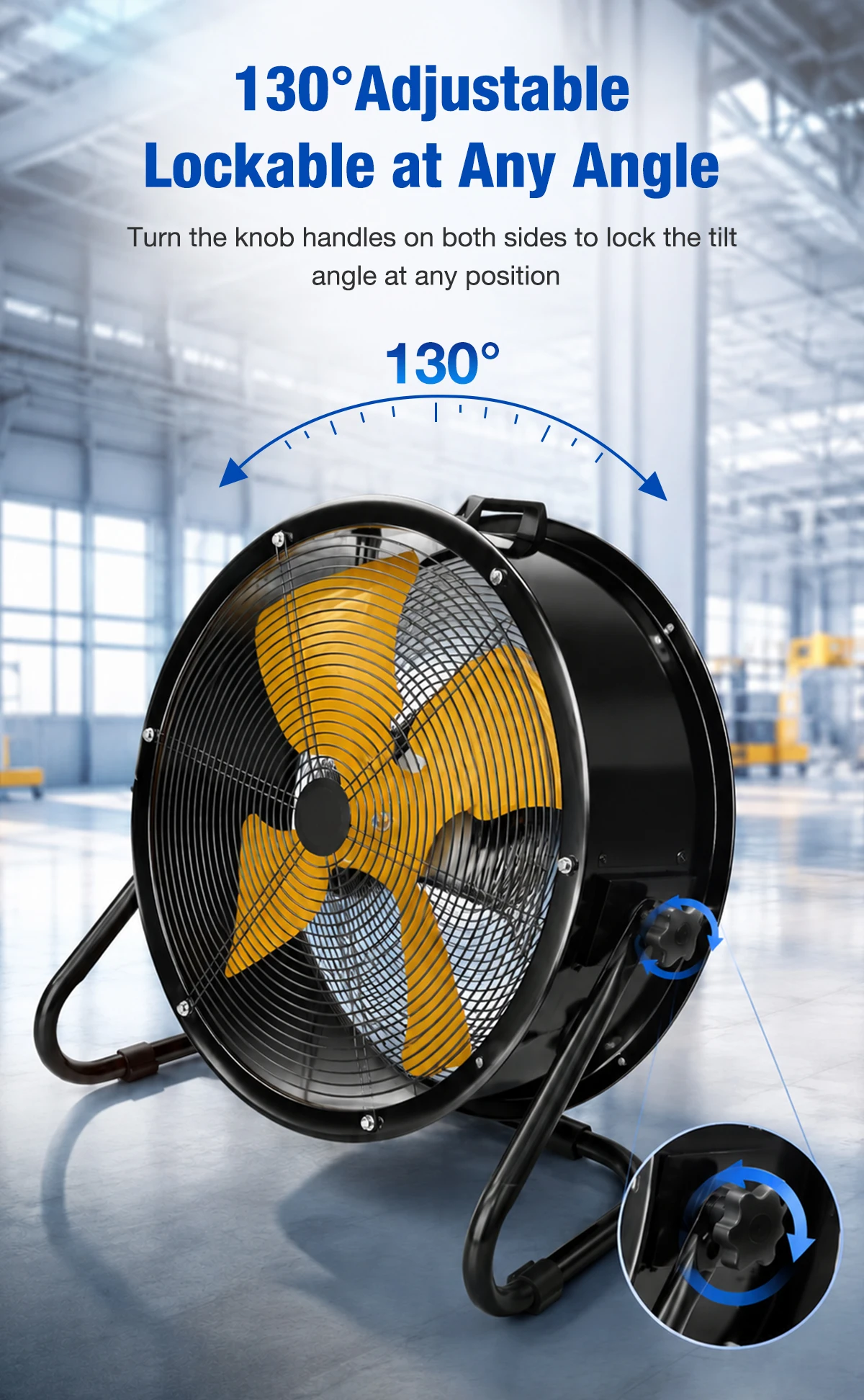 LWSFE fan showing 130-degree adjustable tilt angle and lockable side knobs