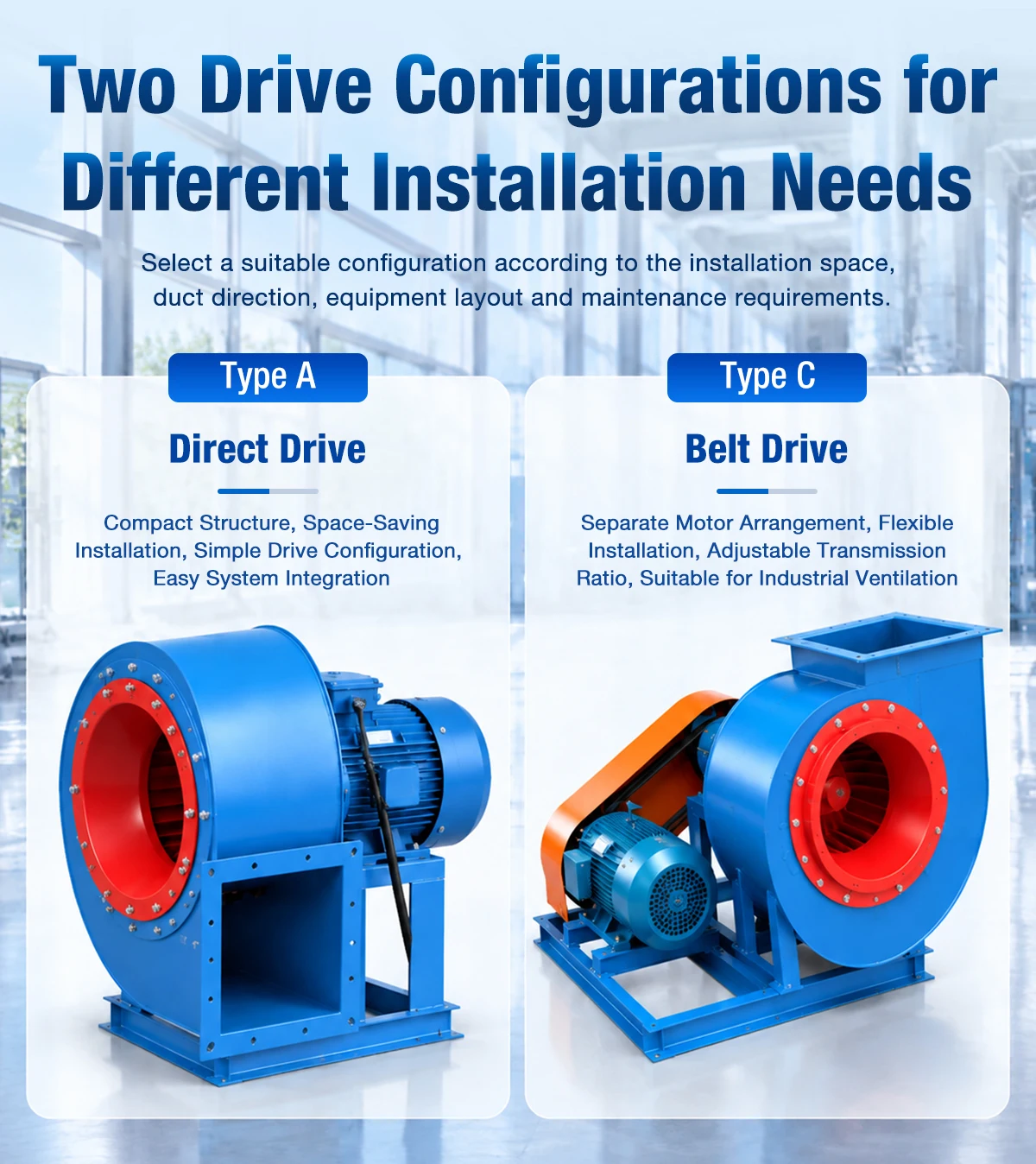 LWFDF4-72 centrifugal fan Type A direct drive and Type C belt drive configurations side by side