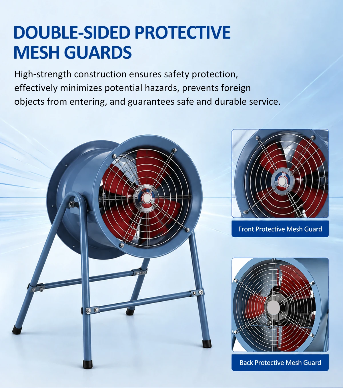 LWSF fan displaying front and back high-strength double-sided protective mesh guards