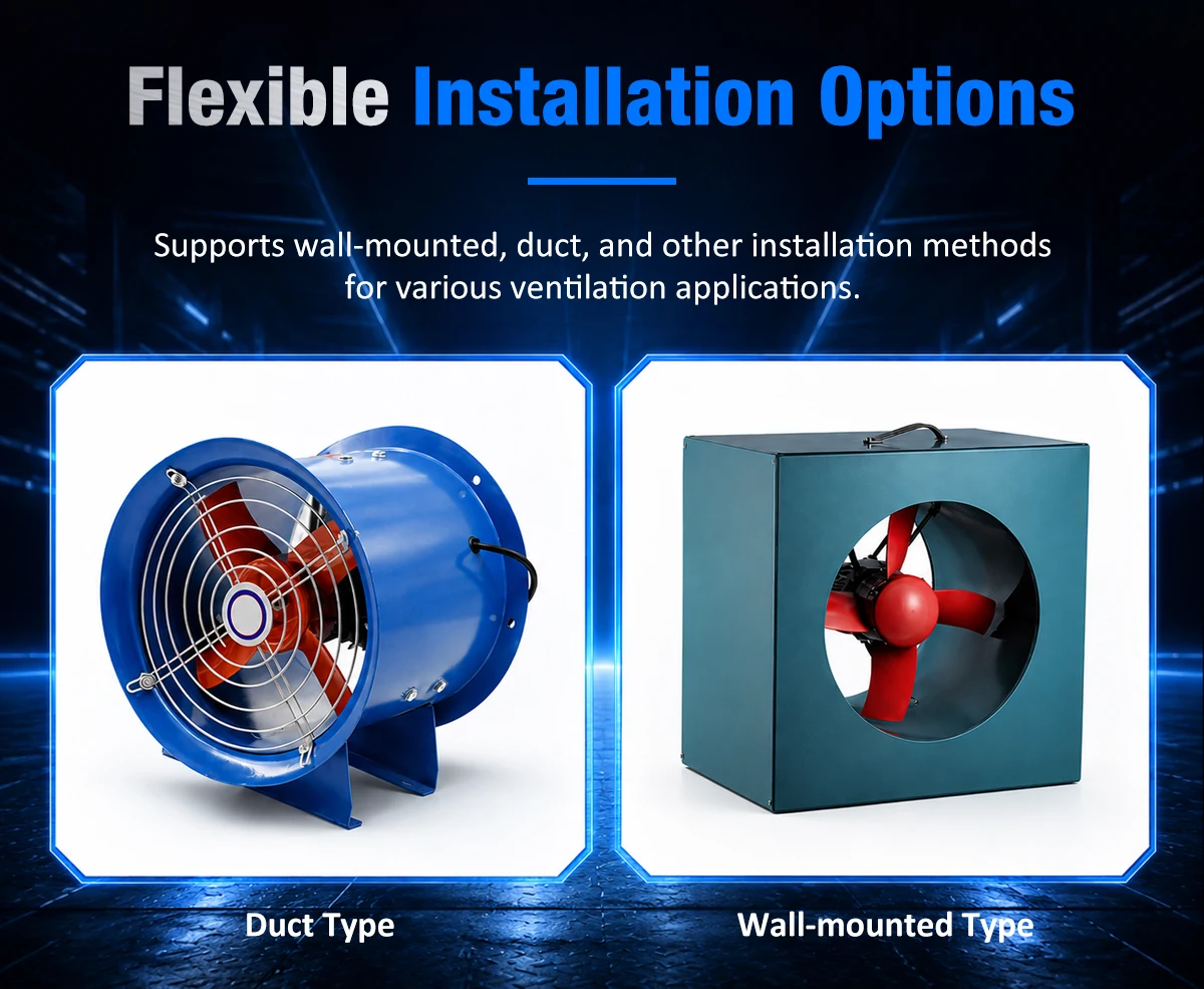 LWAF35-11 fan showing Duct Type and Fixed Type cabinet installation configurations