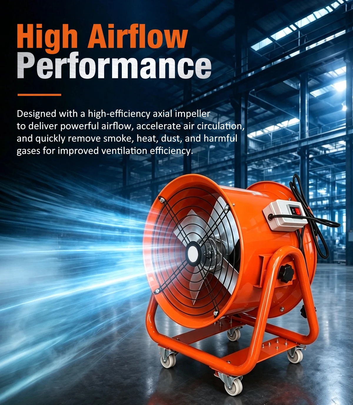 LWSFM fan delivering powerful airflow to remove smoke and heat in a factory