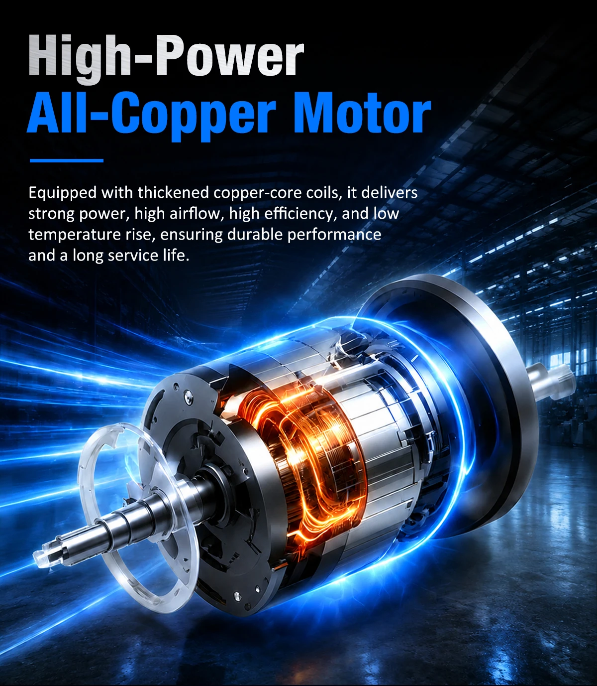 Cutaway view of the high-power all-copper motor showing internal copper coils