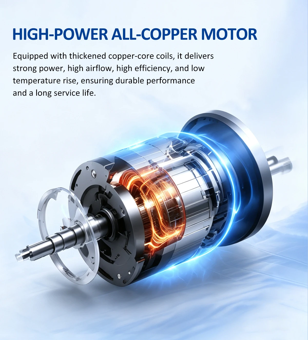 Cutaway view of the high-power all-copper motor showing internal copper coils
