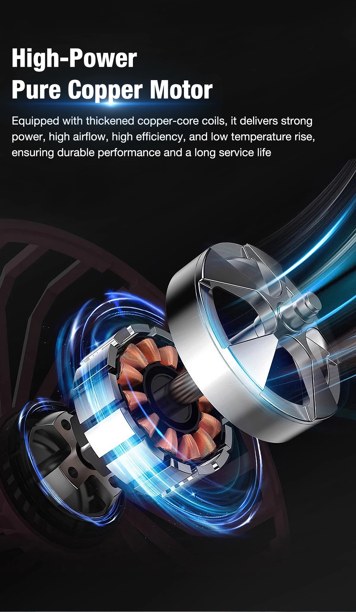 Exploded view of the high-power pure copper motor with plastic-sealed design