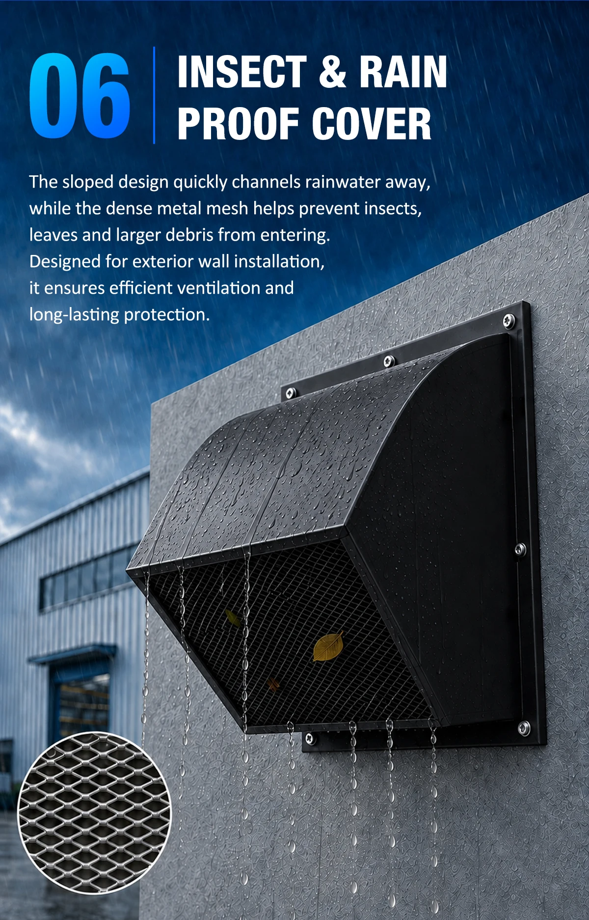 LWWEX-OR sloped exterior cover channeling rainwater away and blocking debris