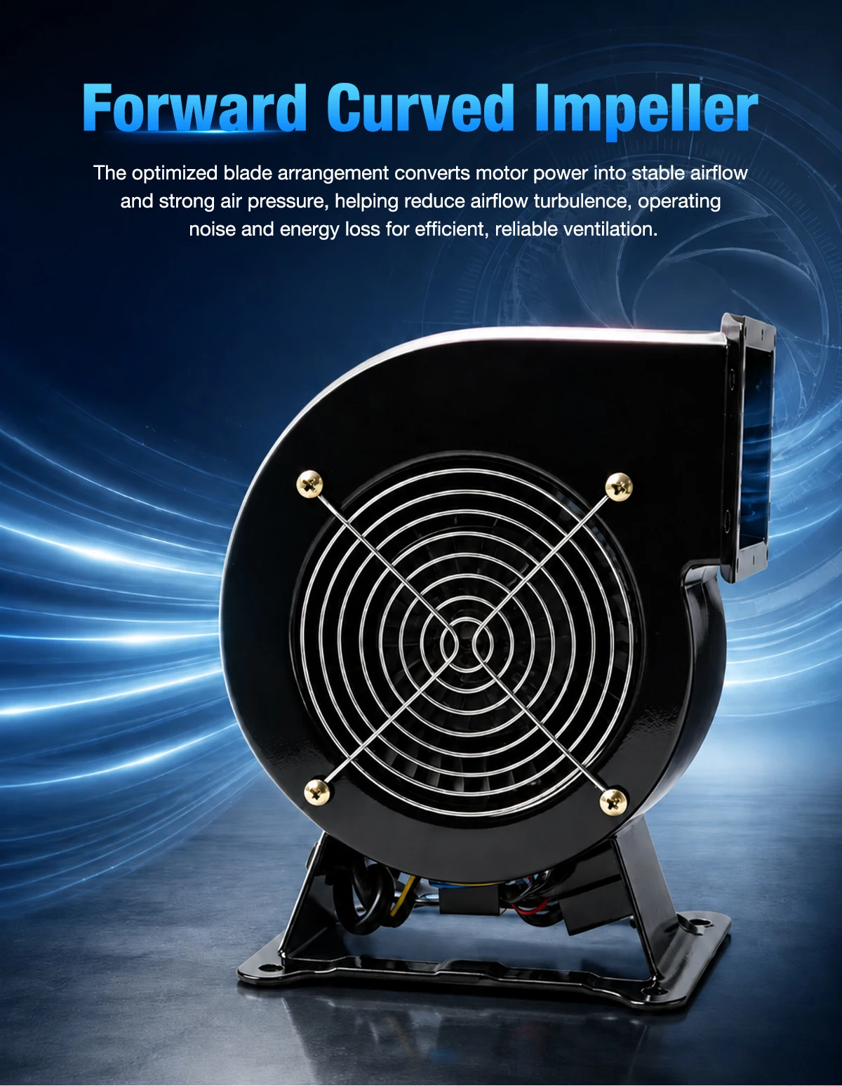Forward curved impeller of LWERC centrifugal fan with optimized blade arrangement and smooth airflow discharge