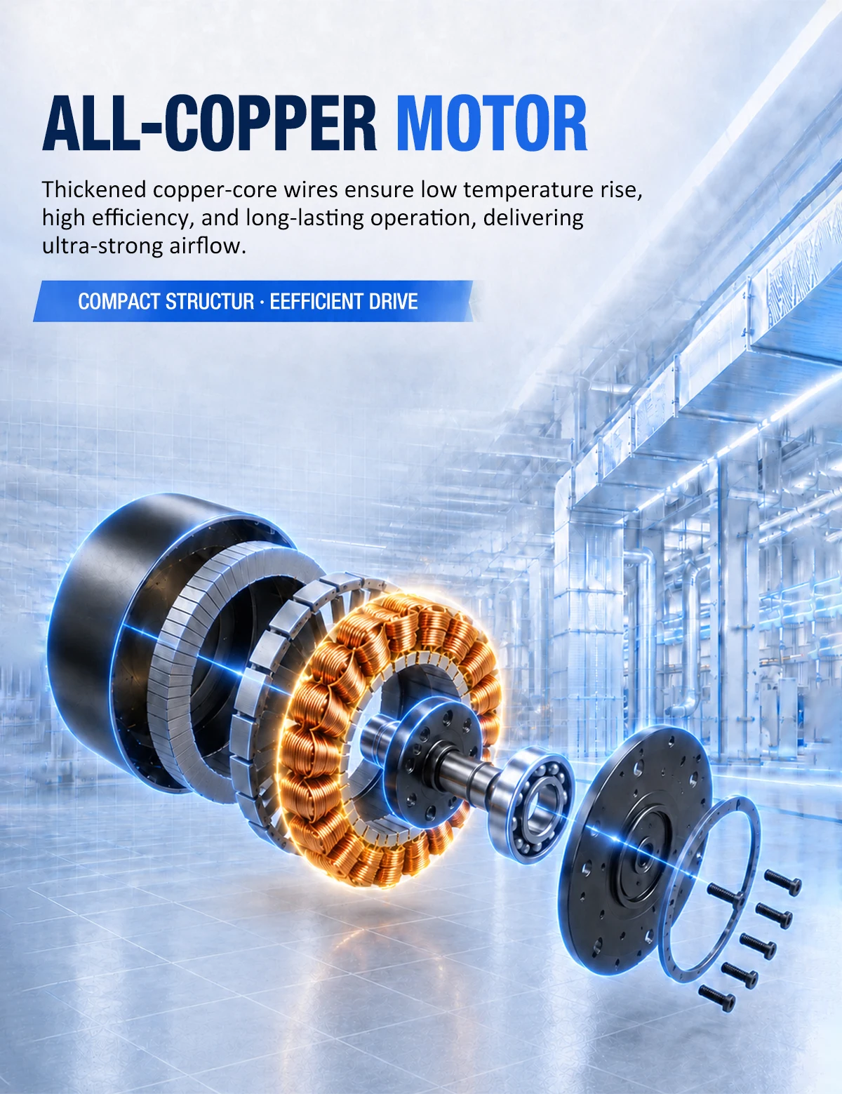 All-copper motor construction of LWERQ centrifugal fan showing windings and rotor components