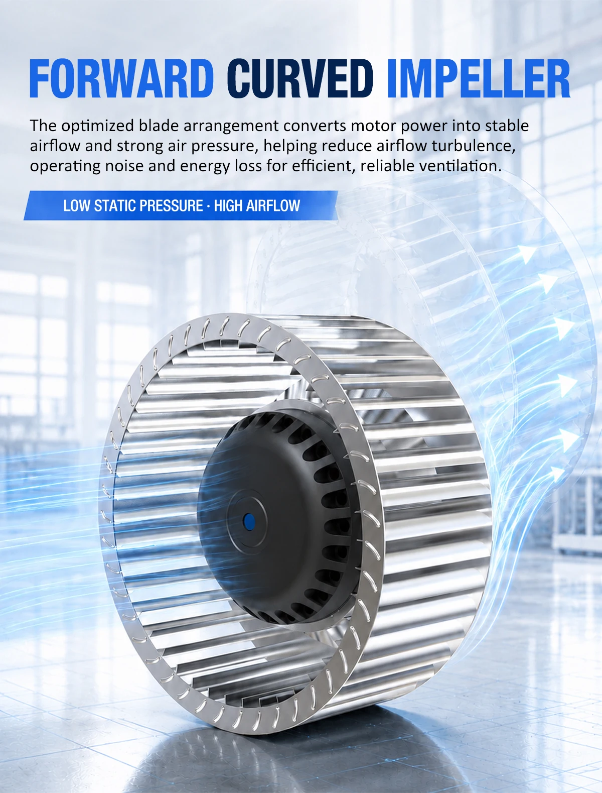 Forward curved impeller of LWERQ centrifugal fan with aerodynamic airflow lines