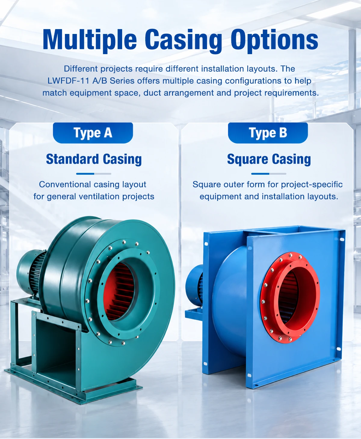 Multiple casing options of LWFDF-11 centrifugal fan showing Type A and Type B