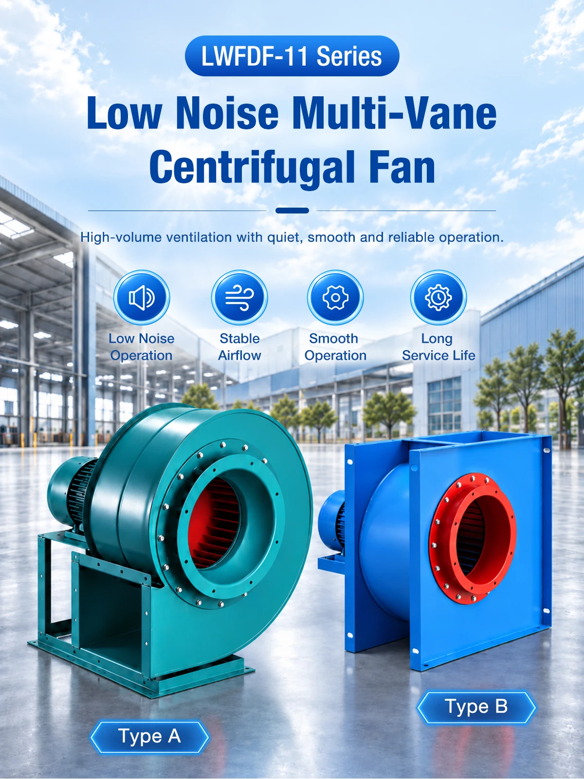 LWFDF-11 low-noise multi-vane centrifugal fan showing Type A and Type B casing options