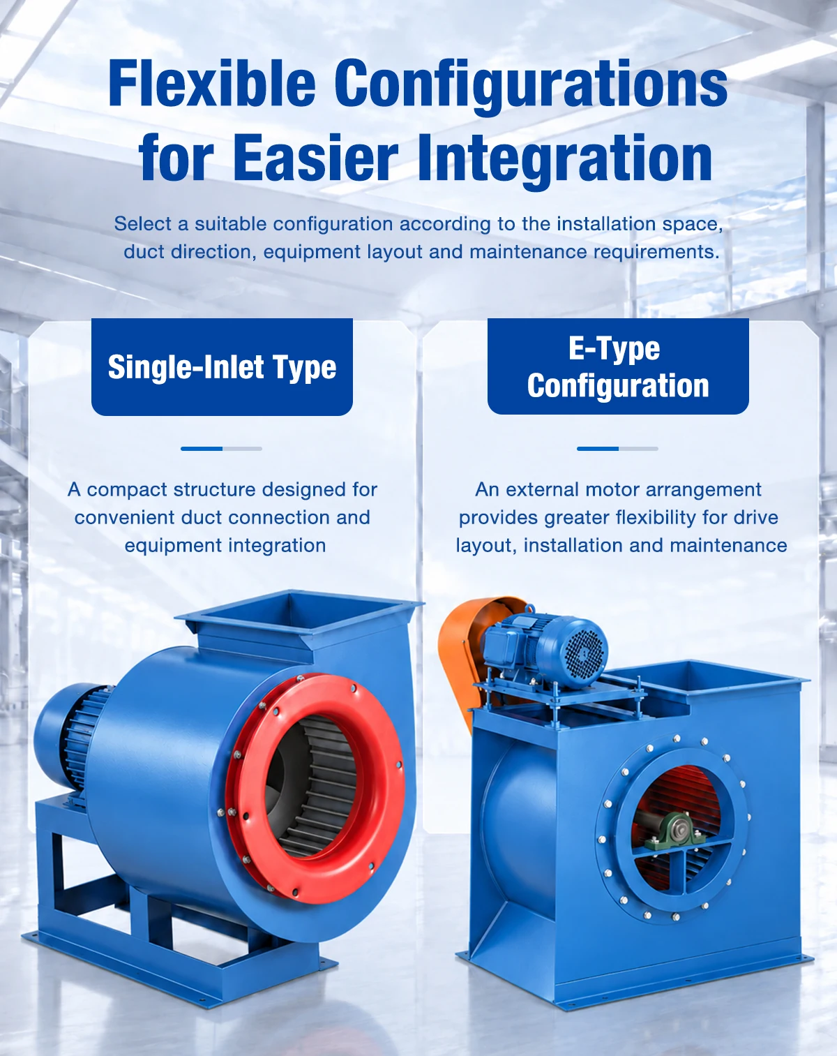 Flexible configurations for easier integration of LWFDF11-62 centrifugal fan