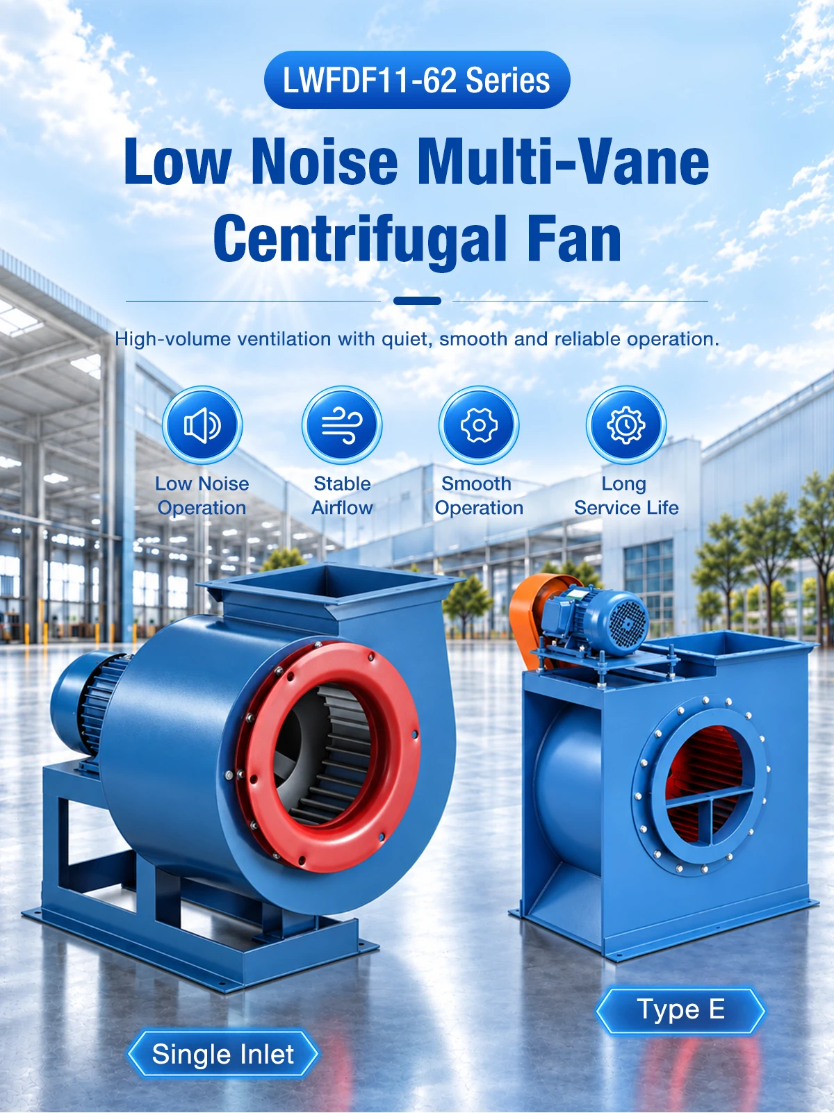 LWFDF11-62 low-noise multiple-vane centrifugal fan showing Type A and Type B casing options