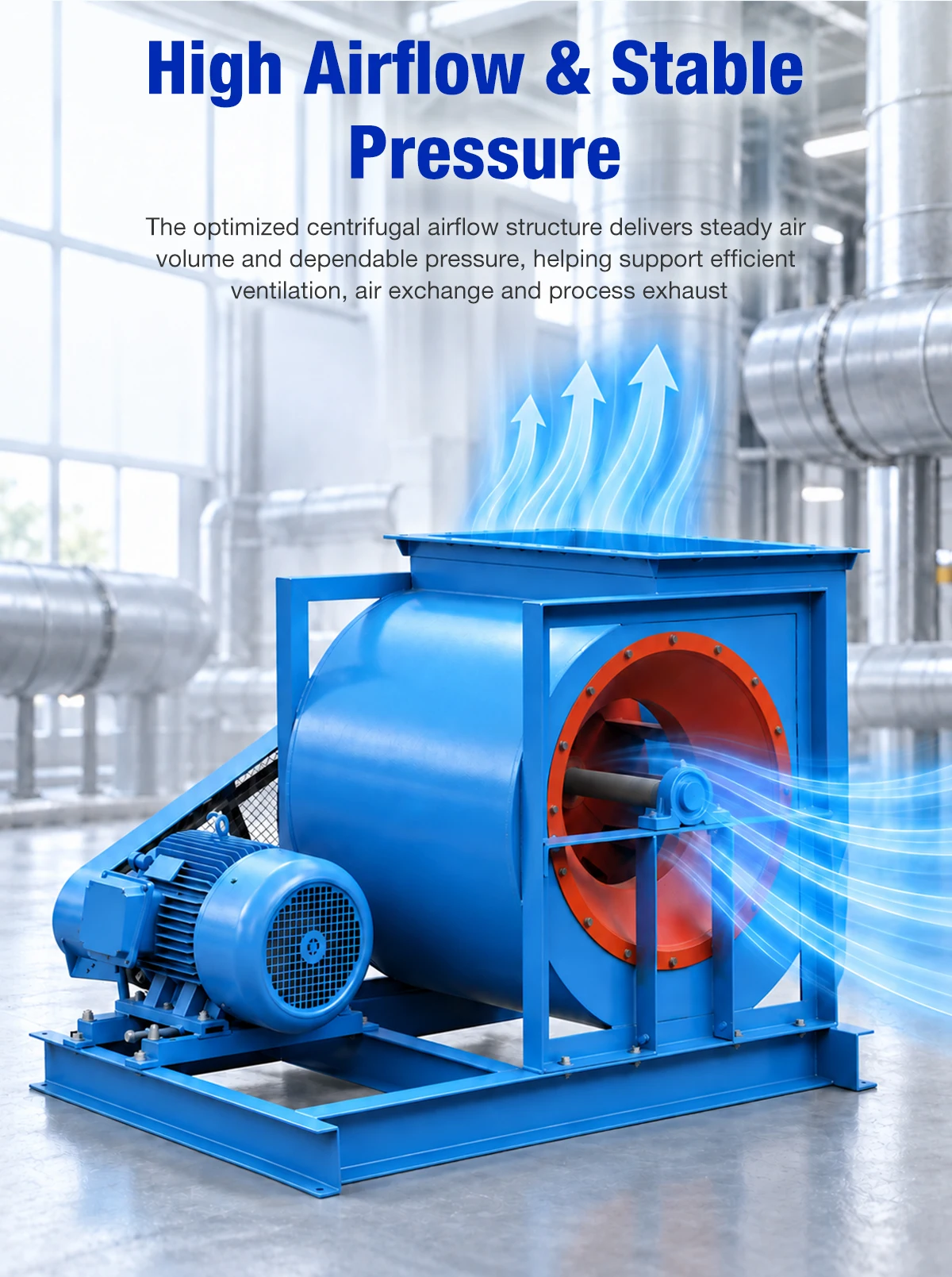 LWFDF4-79A centrifugal fan with belt drive delivering high airflow and stable pressure through the outlet duct