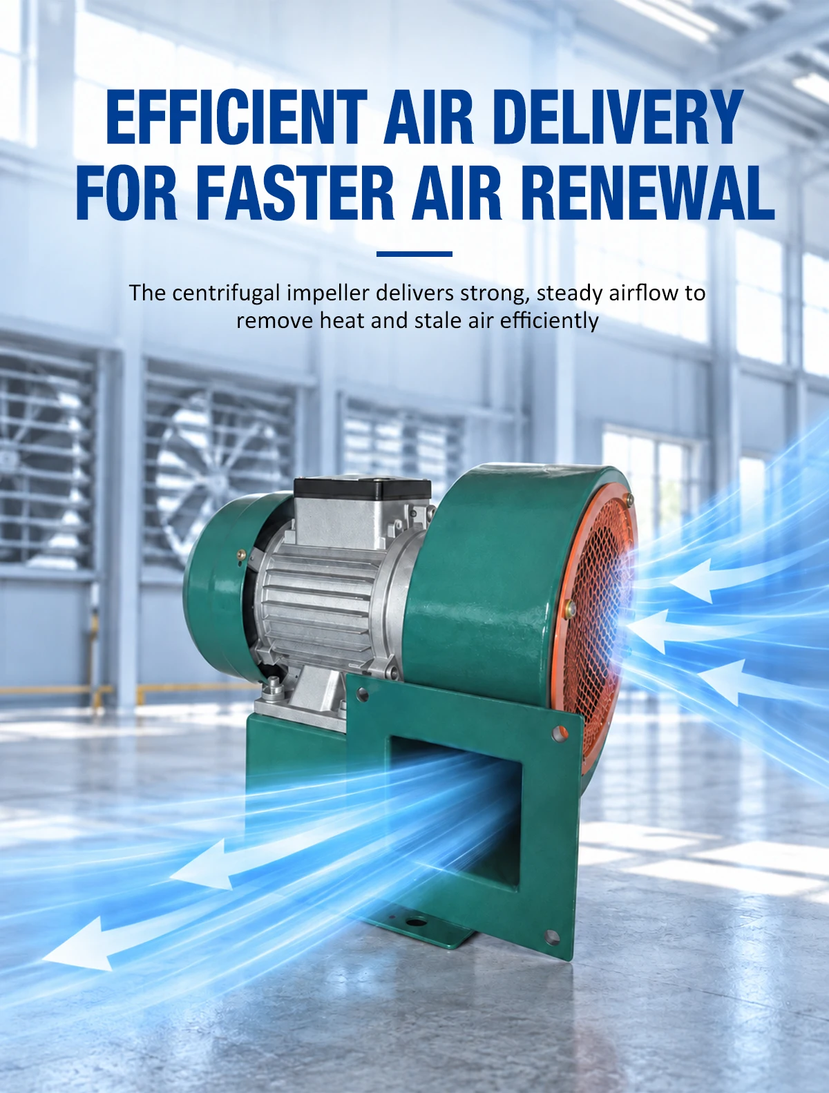 Efficient air delivery of LWLDB noise centrifugal blower with directional airflow