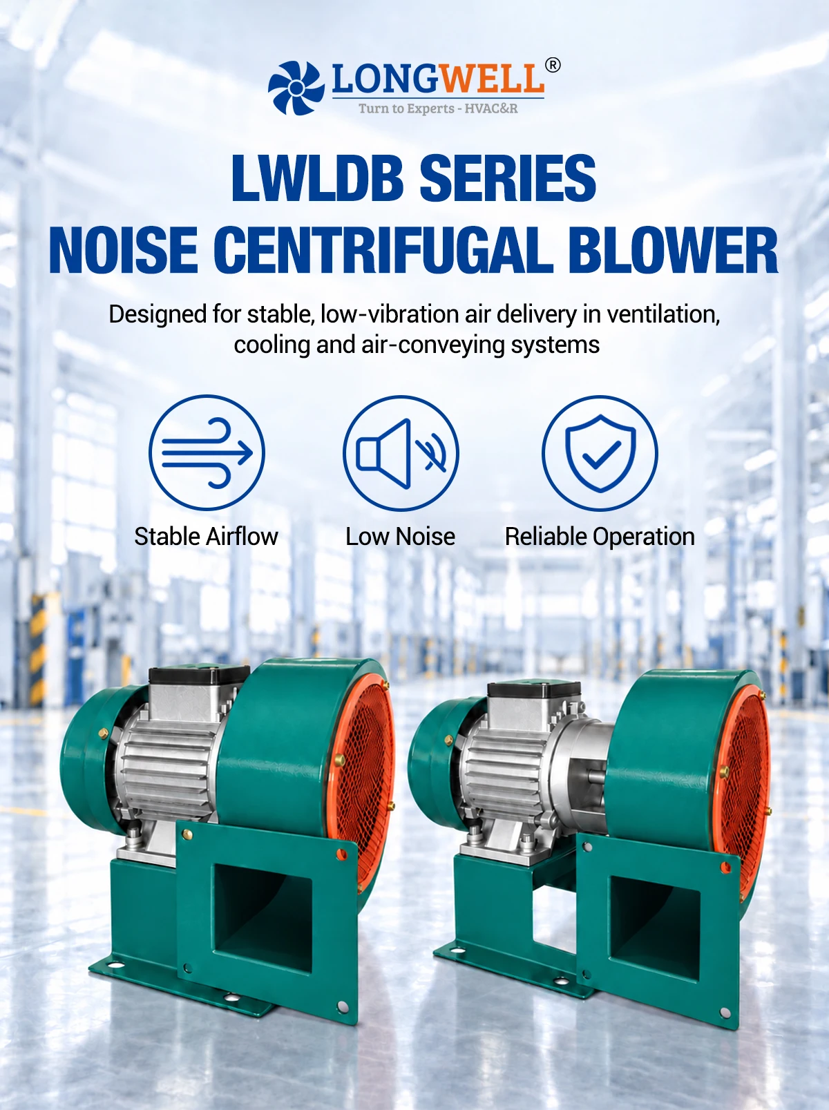 LWLDB noise centrifugal blower with green carbon steel casing, orange inlet mesh and mounting base