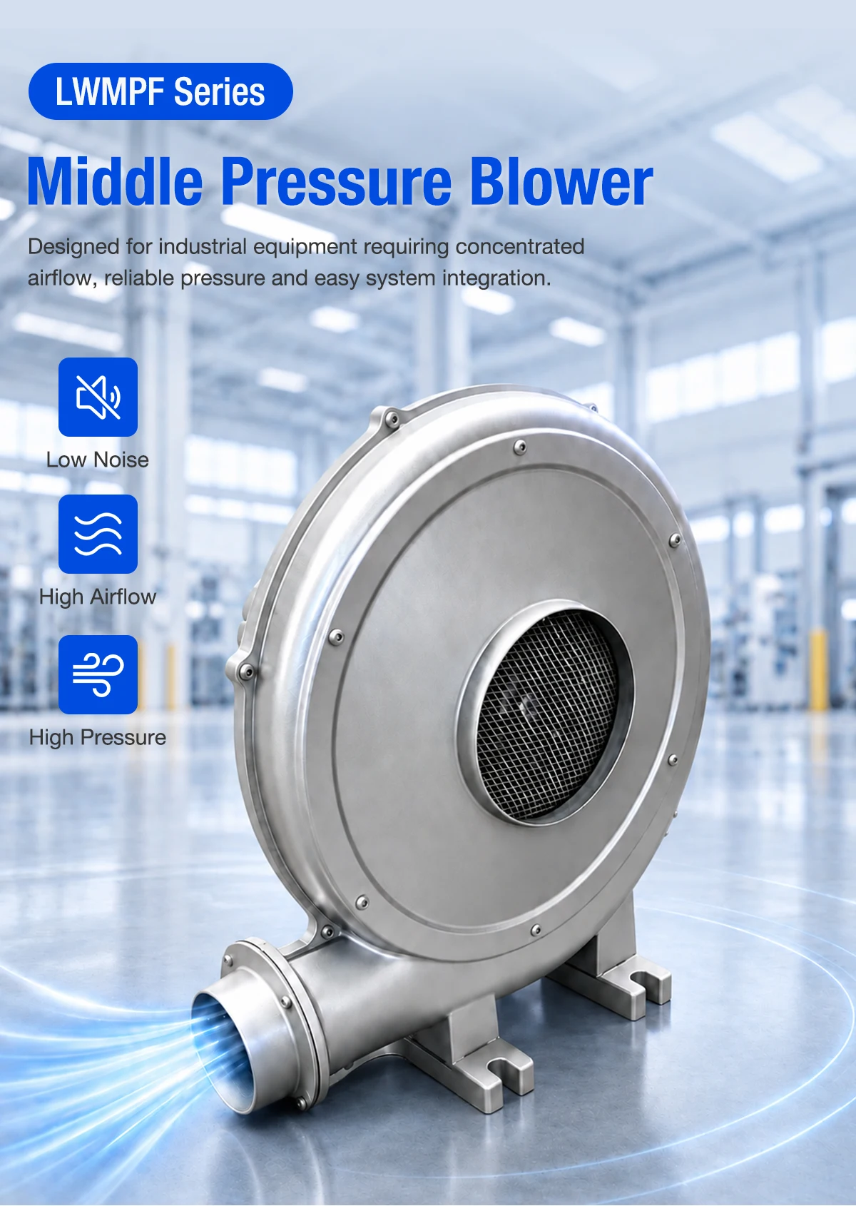 LWMPF middle pressure blower with aluminum alloy housing and protective inlet mesh