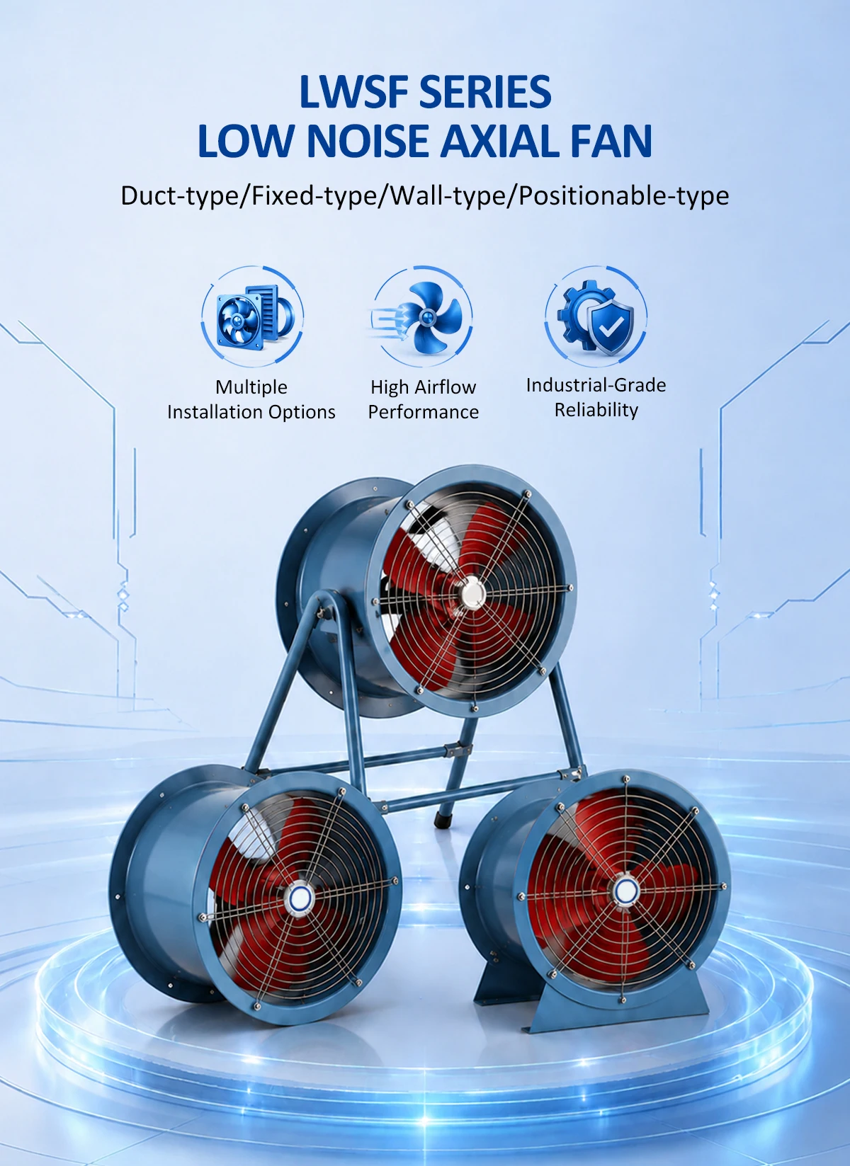 LWSF Series Low Noise Axial Fan showcasing multiple installation types: positionable, fixed, and wall types