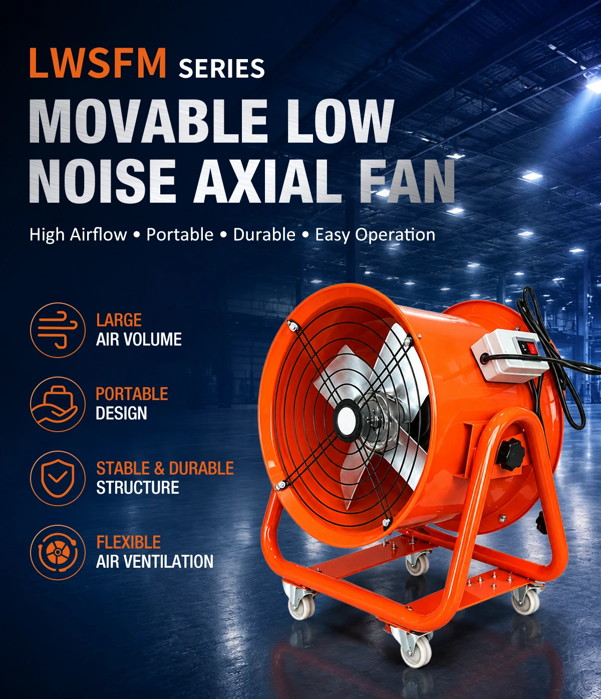 LWSFM Movable Low-noise Axial Fan with universal casters positioned on a factory floor