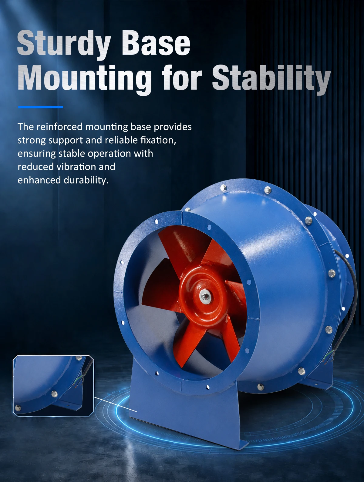 Detail of the sturdy base mounting bracket on the LWSJG fan