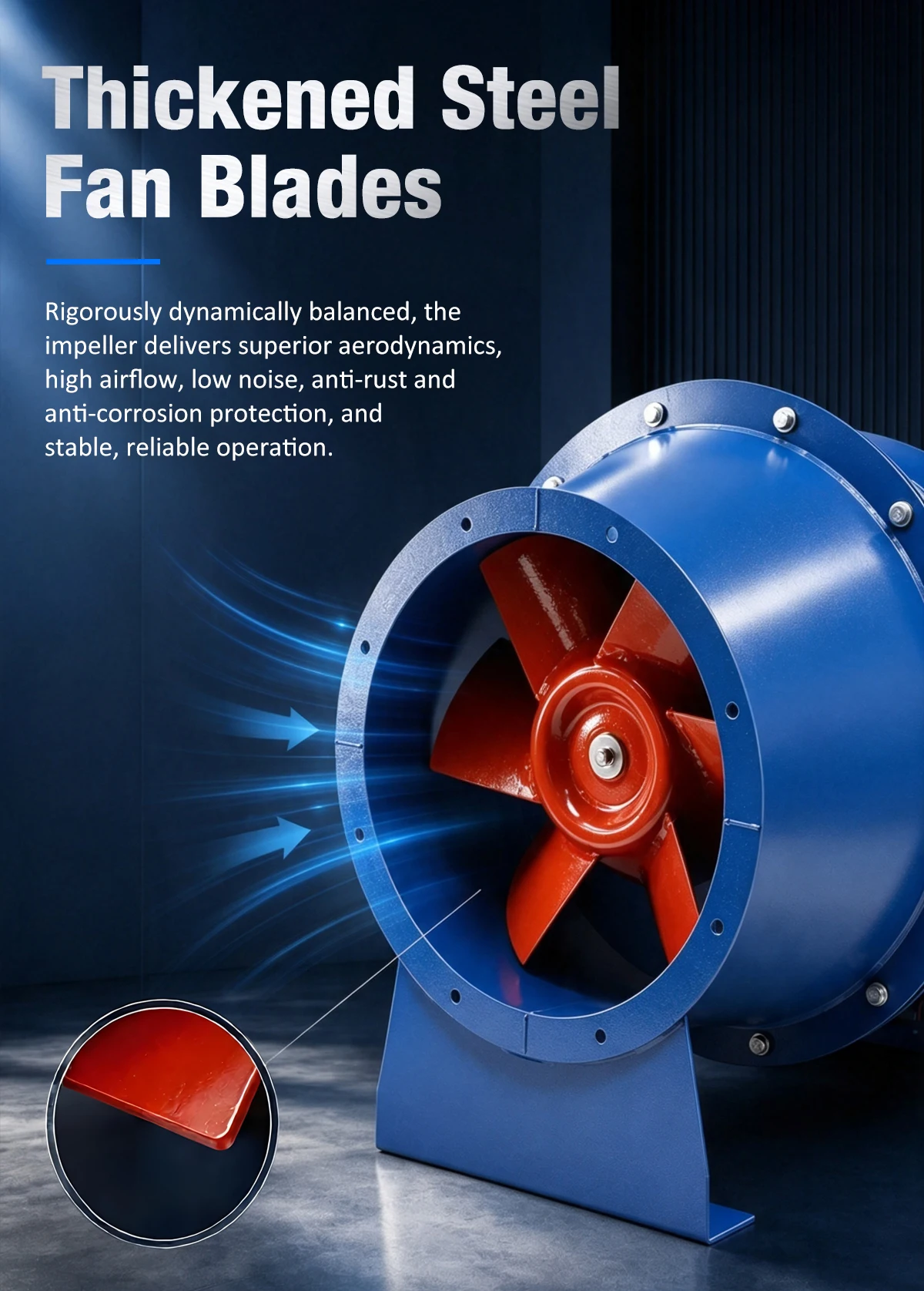 Thickened steel oblique flow fan blades