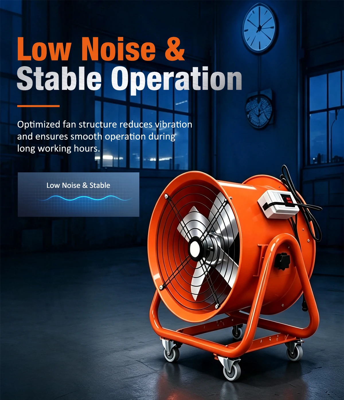Graphic demonstrating low noise and smooth operation of the LWSFM fan