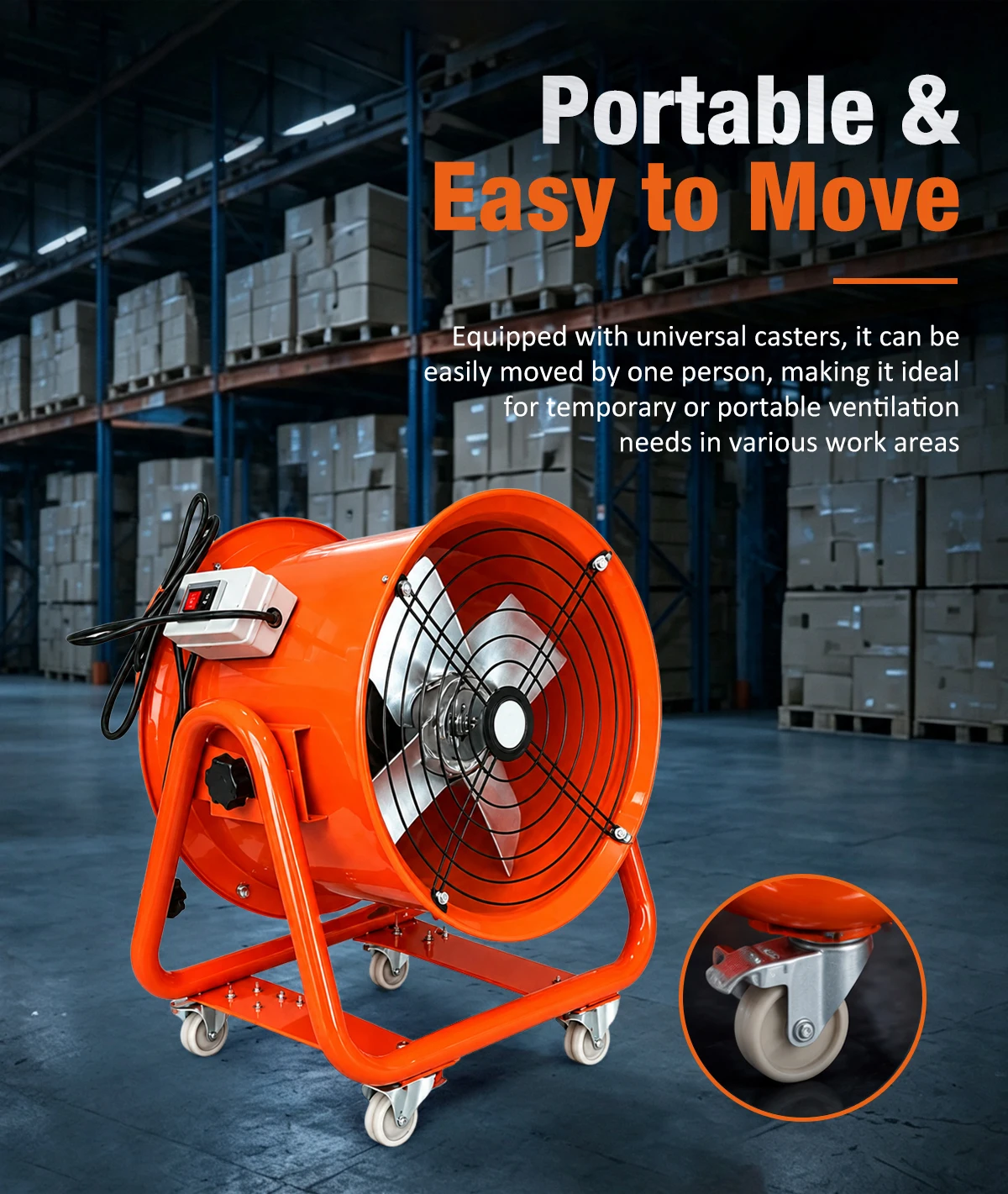 LWSFM fan showing universal casters for easy single-person transport