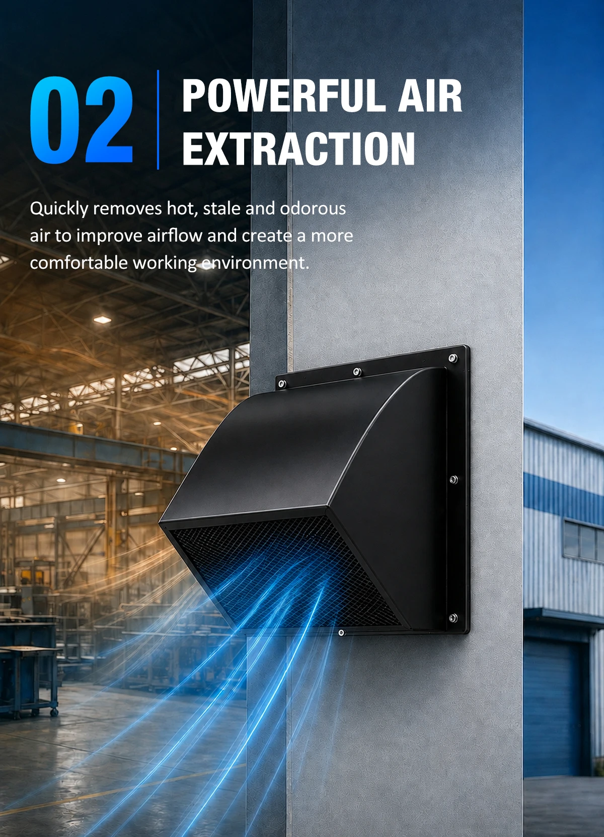 LWWEX-OR corner exhaust fan rapidly extracting hot air and fumes from an industrial building