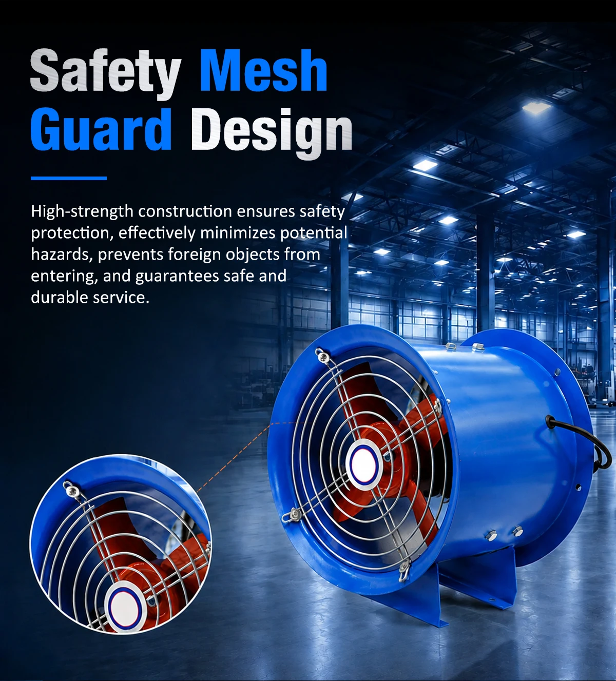 Close-up of the safety mesh guard protecting the fan blades