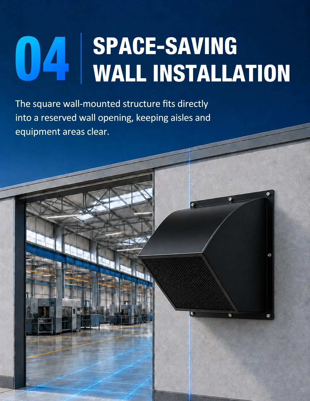 LWWEX-OR exhaust fan installed in a wall opening, saving floor space