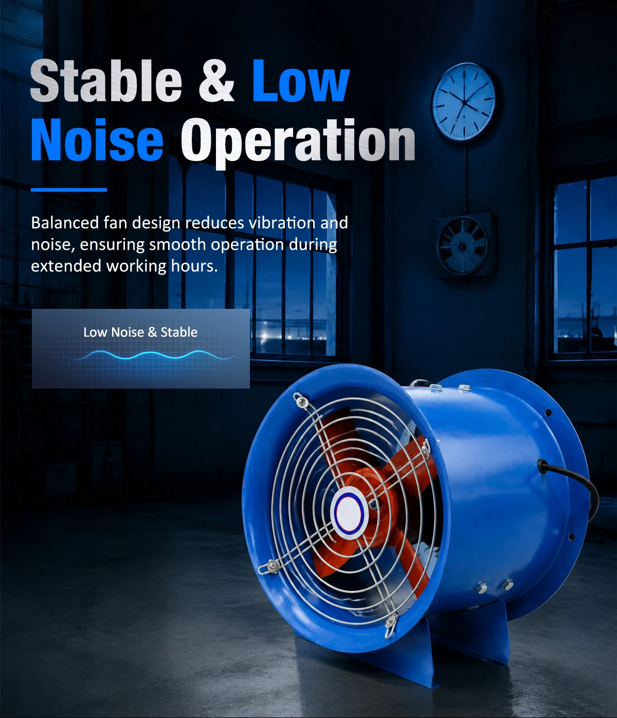Graphic showing stable and low noise operation with sound wave visuals