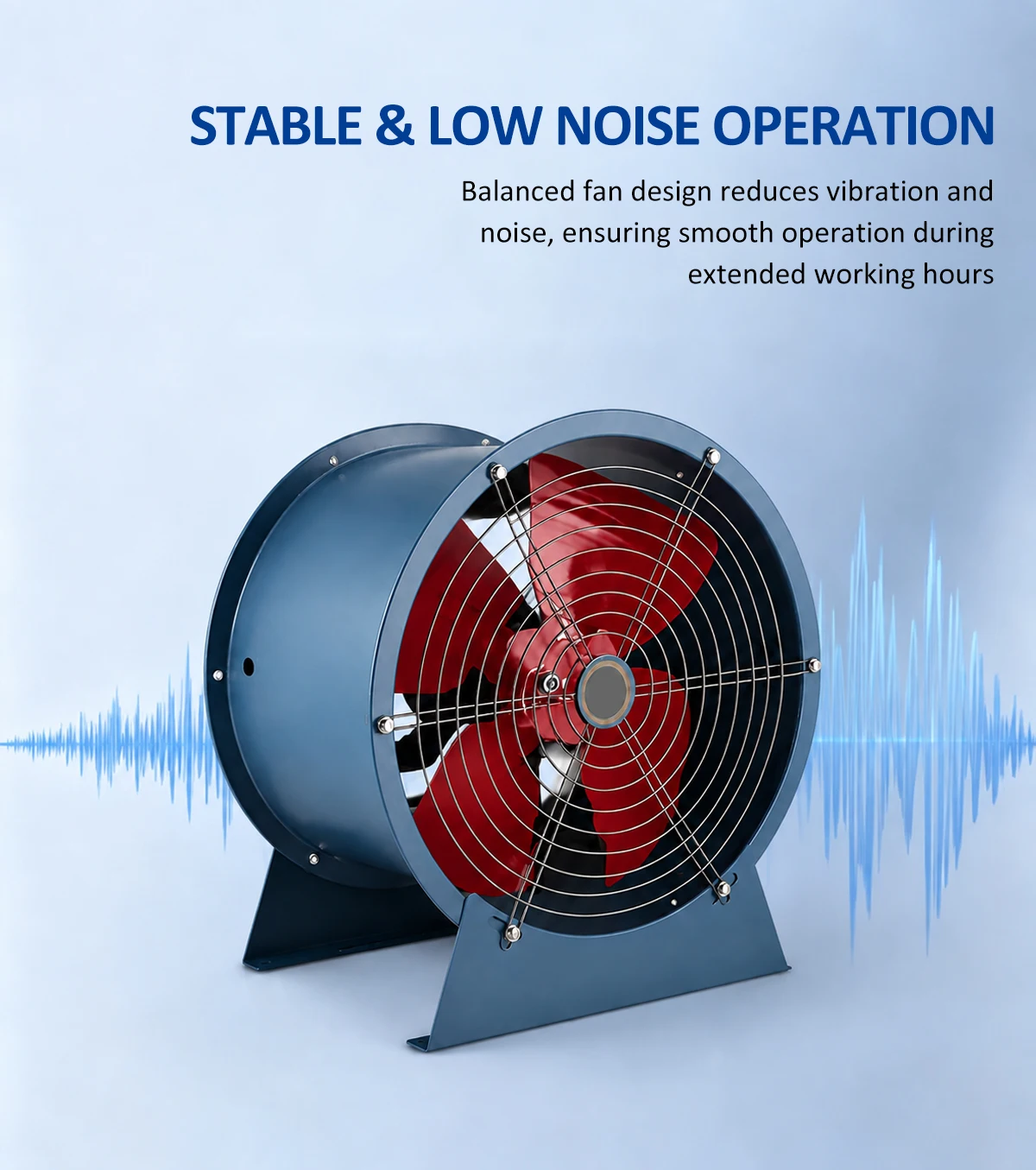 Graphic showing stable and low noise operation with sound wave visuals
