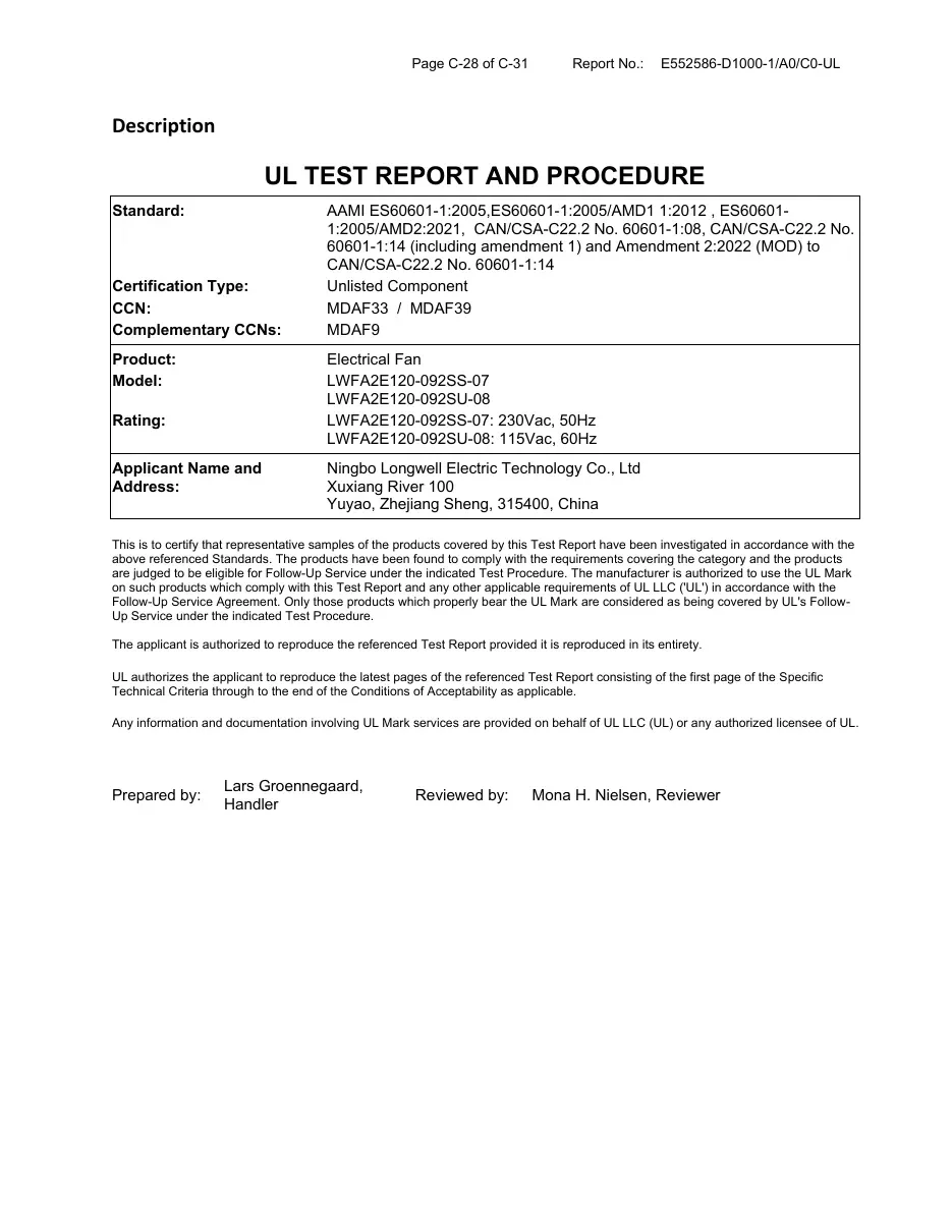 UL test report and procedure page for LONGWELL LWFA2E120-092SS-07 and LWFA2E120-092SU-08, file E552586