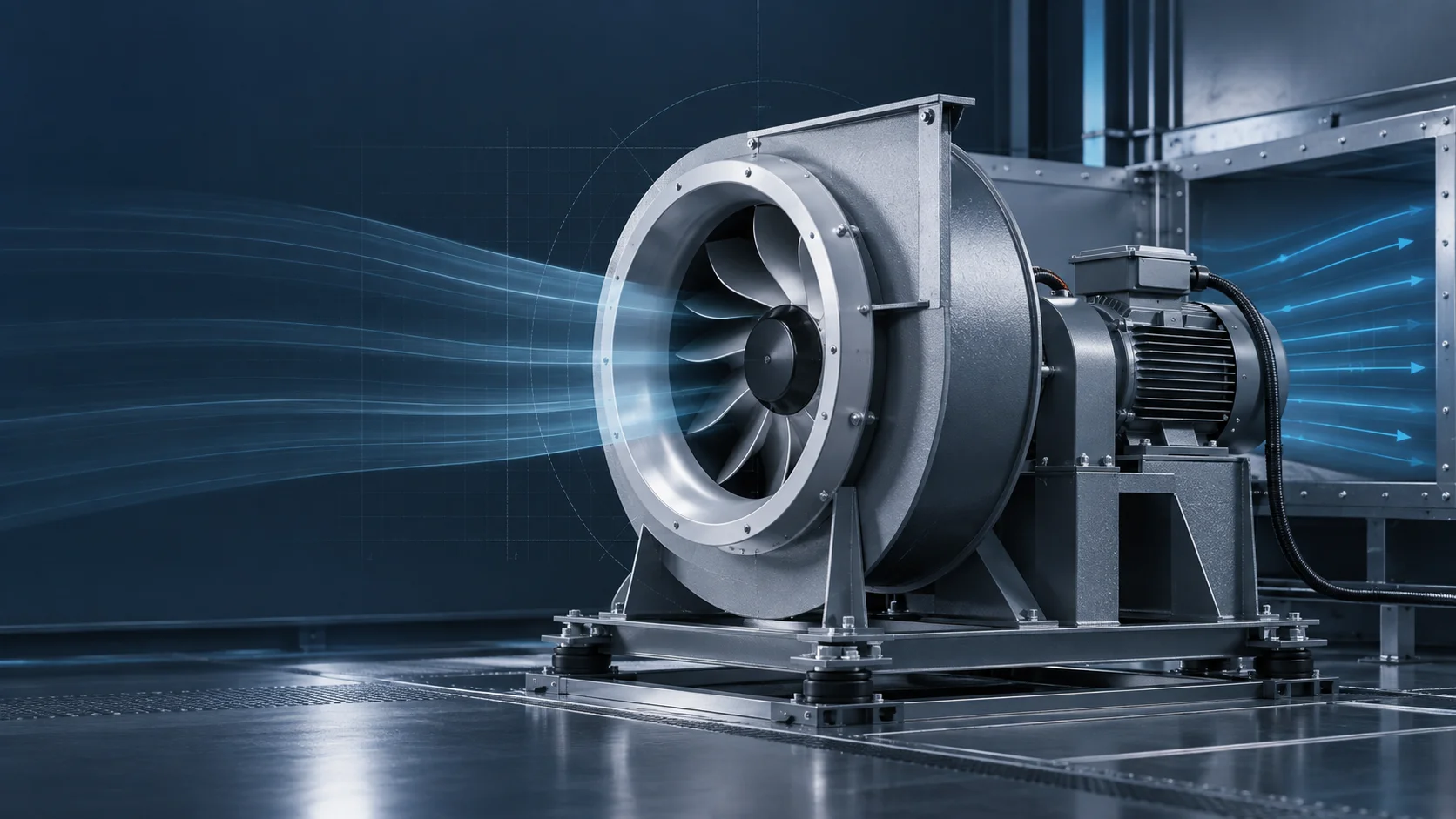 Industrial centrifugal fan and motor on a test bench with airflow and measurement overlays