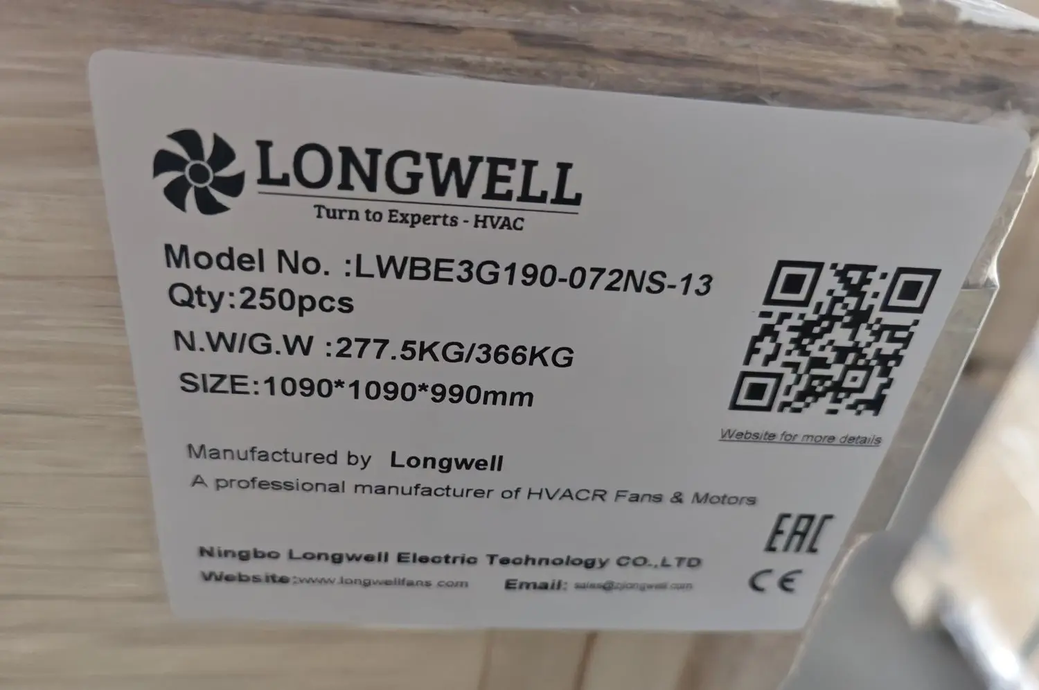 LONGWELL crate label reading LWBE3G190-072NS-13, Qty 250 pcs, 277.5/366 KG, 1090x1090x990mm, CE and EAC