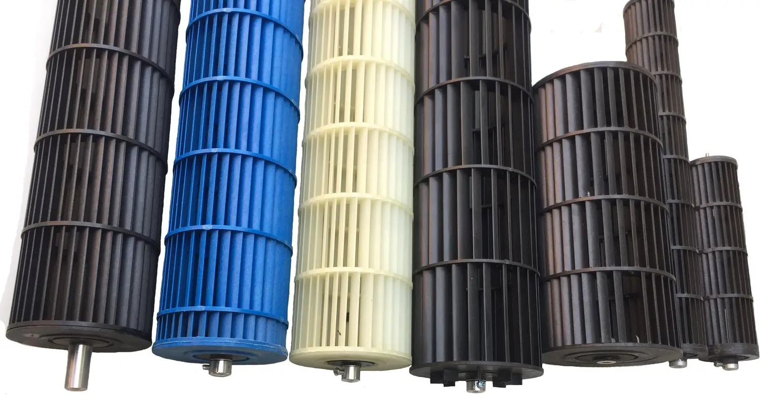 Row of plastic cross-flow fan impellers in several diameters, lengths and colours