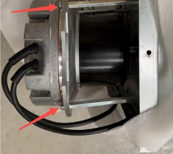 A customer photograph of an EC cross-flow retrofit, marked up by LONGWELL engineering and sent back to them: the fo