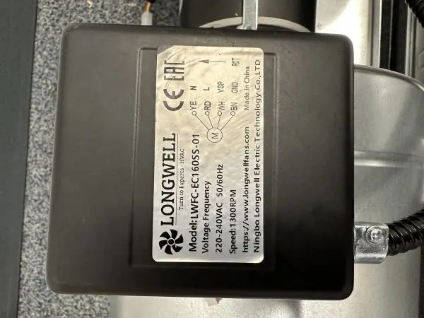 Forward-curved EC fan nameplate photographed by the customer the plate reads LONGWELL, Ningbo Longwell Electric Tec