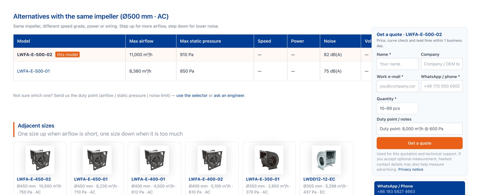 Alternatives table on a model page: same impeller with other speed grades, then adjacent sizes and similar-duty fans