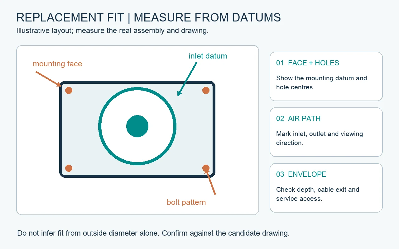 Conceptual replacement-fan mounting datum map showing the face, inlet reference and bolt pattern