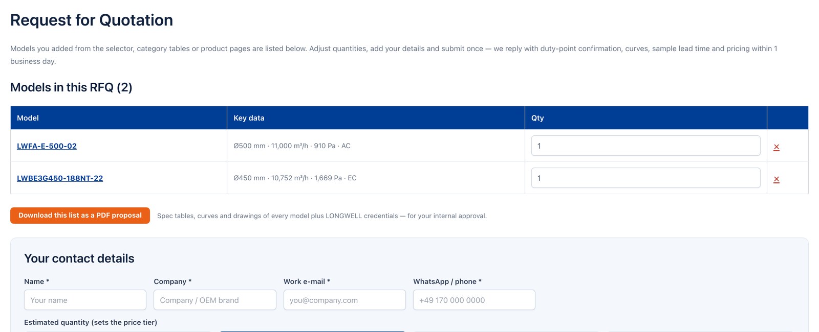 RFQ list with two models, quantities, and a button to download the list as a PDF proposal