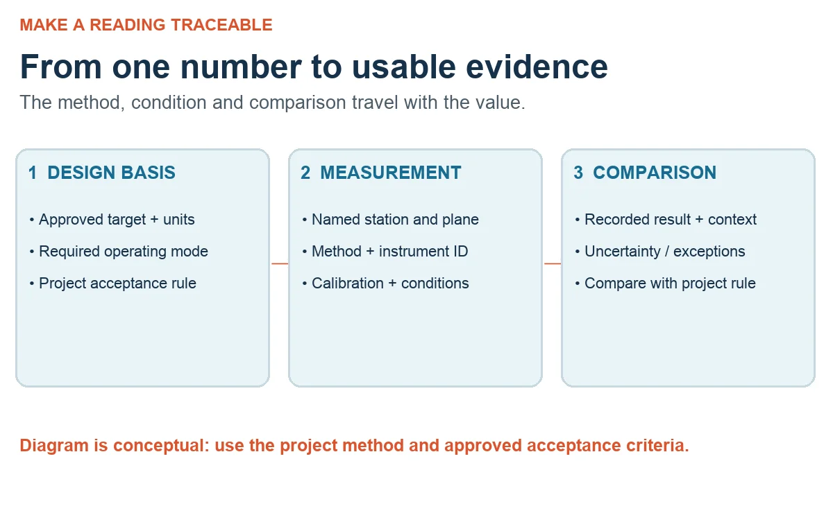 Conceptual TAB record chain from approved design target through measurement station and instrument to project comparison