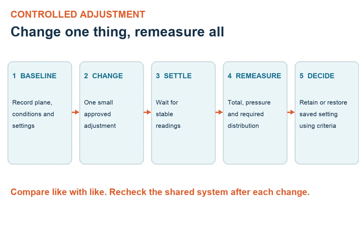 Five-stage commissioning loop: record baseline, adjust one item, settle, remeasure the complete array and decide using approved criteria