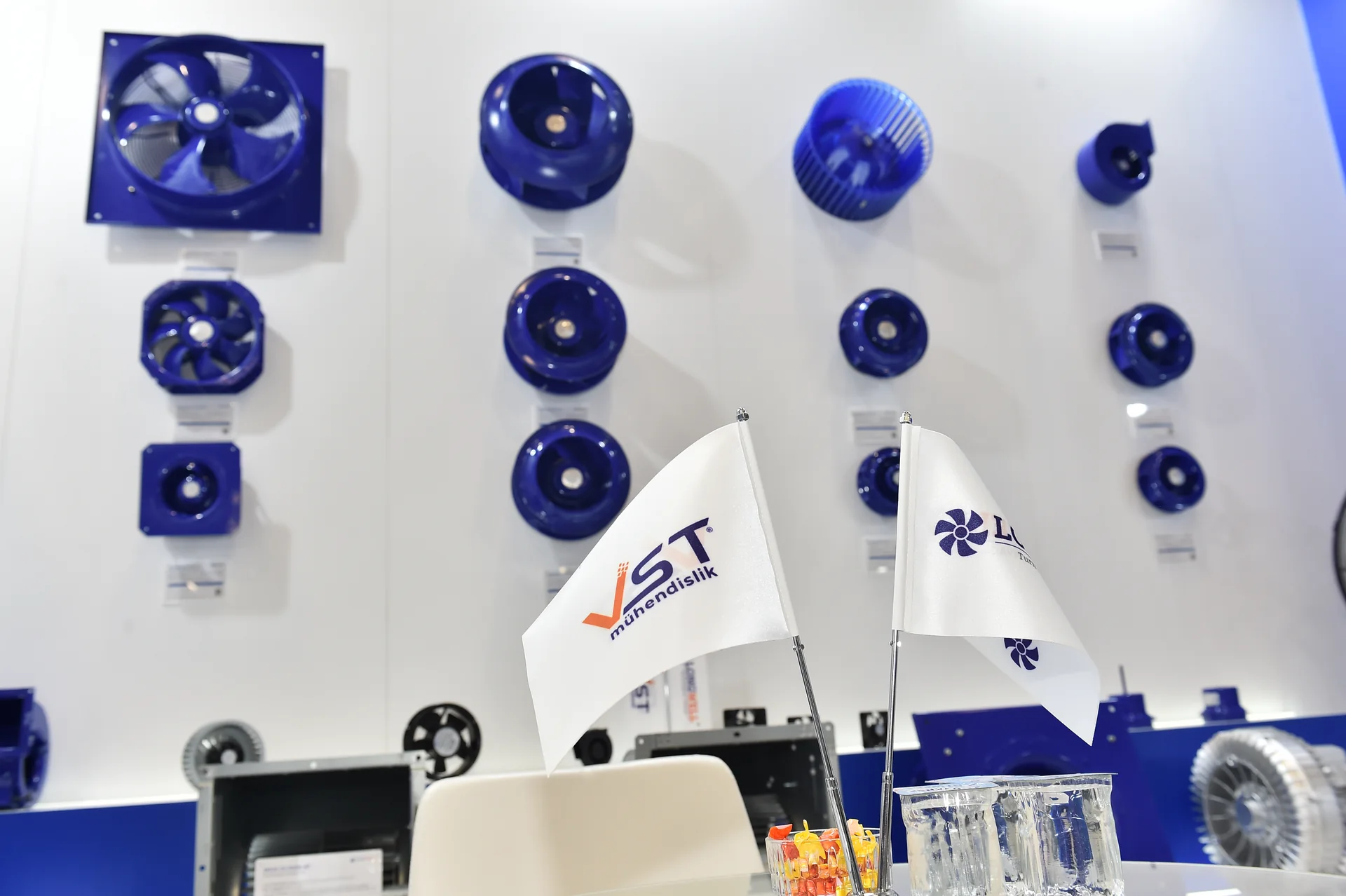 A broad fan and blower product wall at ISK-SODEX 2025.