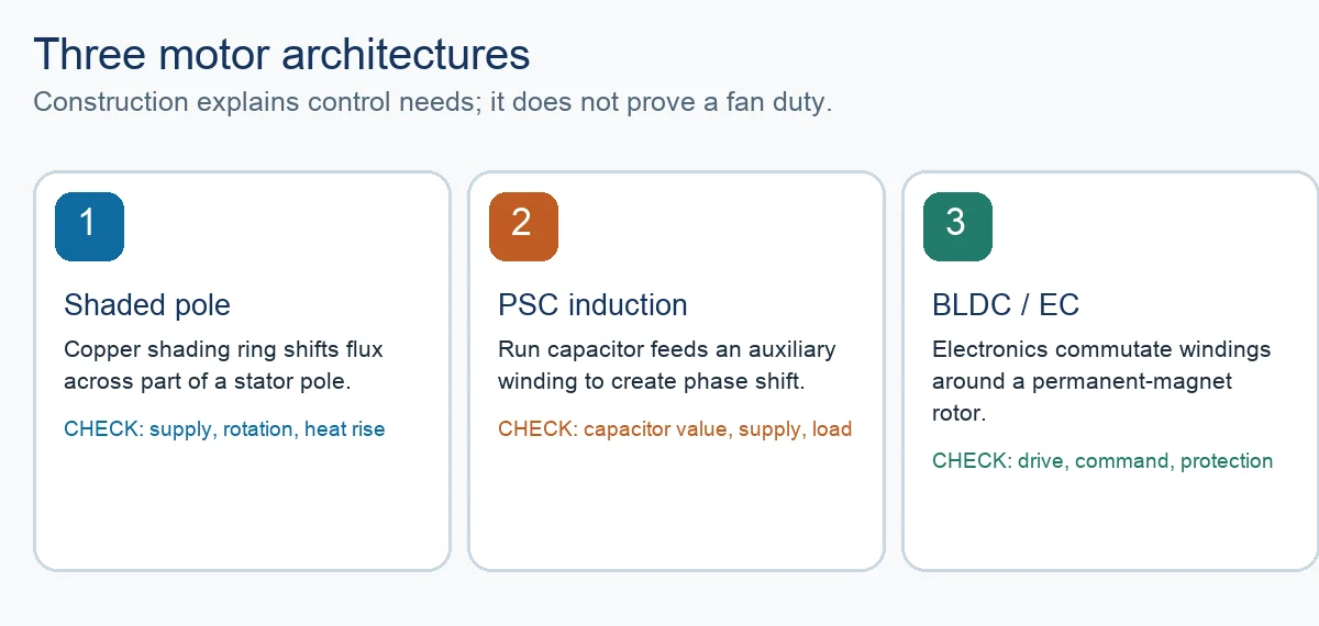 Concept diagram of shaded-pole, PSC and BLDC motor mechanisms and their control checks