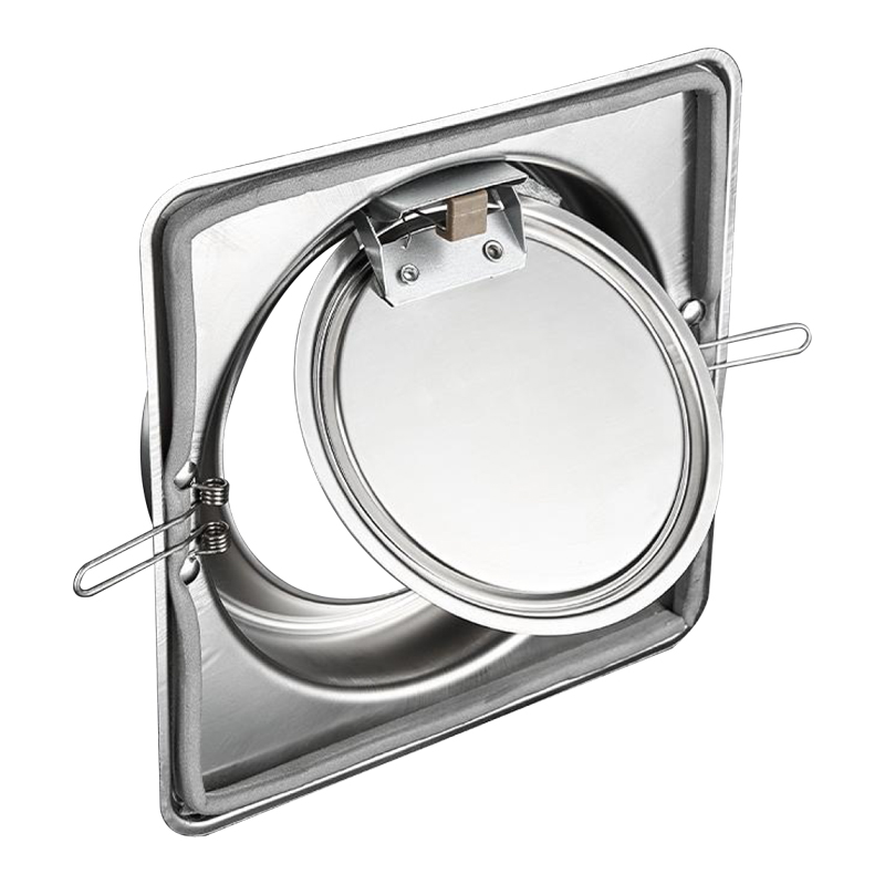 Ventilation damper component with a square flange, hinged circular blade and metal frame