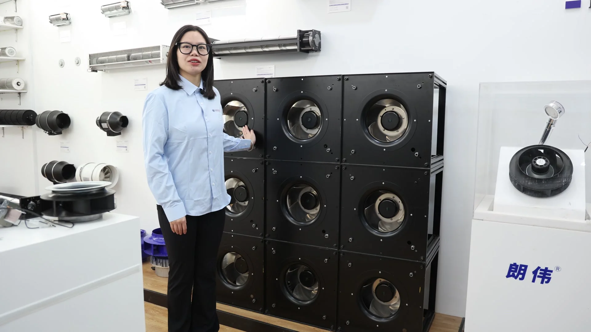 Showroom demonstration of a modular fan-wall array