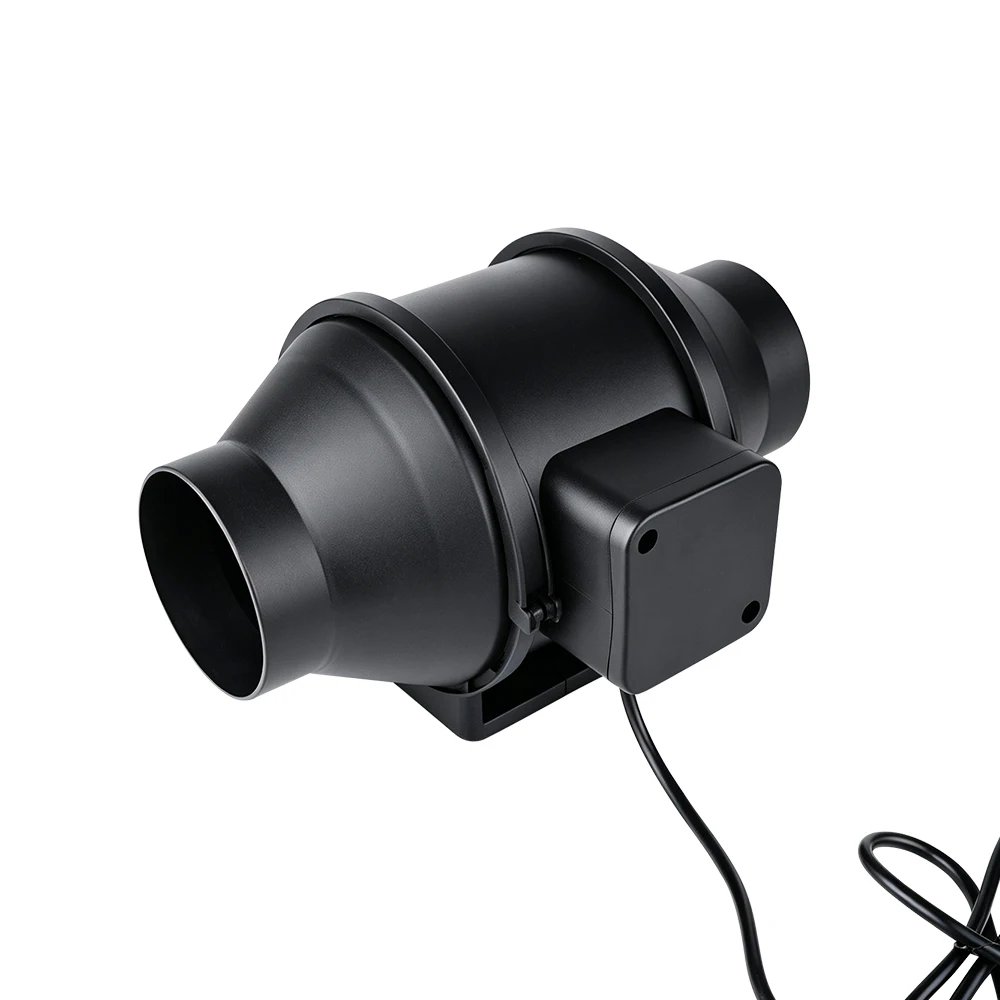 Inline duct fan exterior with two connection collars and a closed electrical enclosure