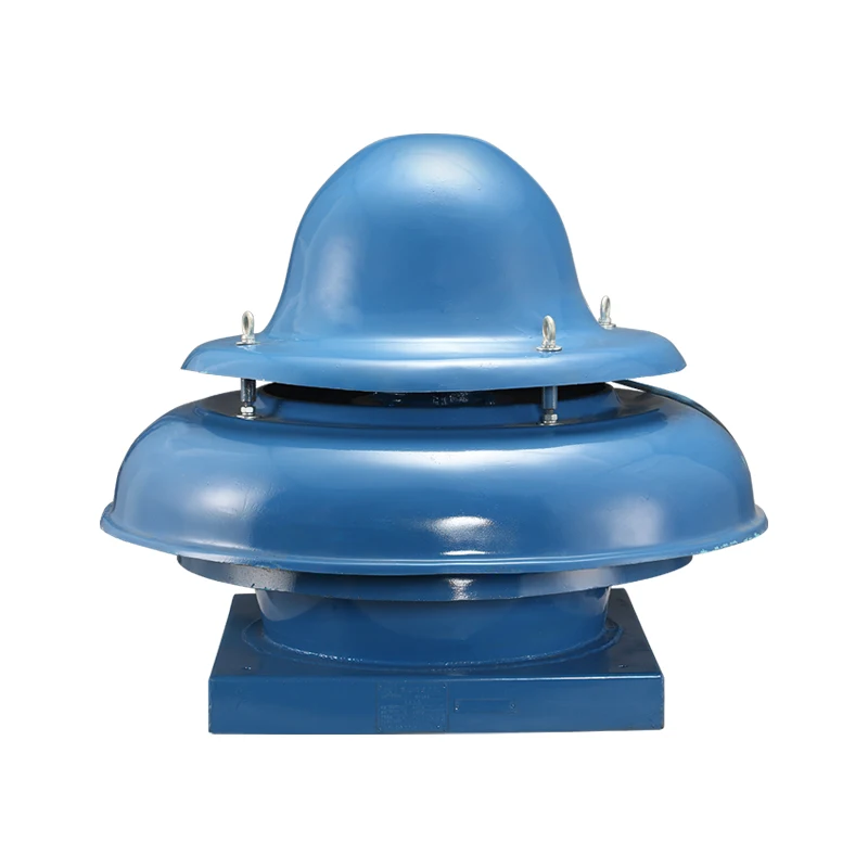 Blue roof exhaust fan exterior with two curved housings and a square lower mounting flange